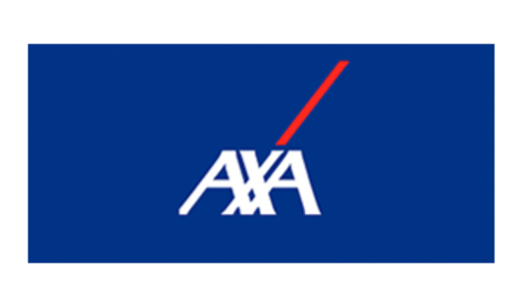 Logo d'AXA avec le motif VERTIKAL en rouge sur fond bleu.
