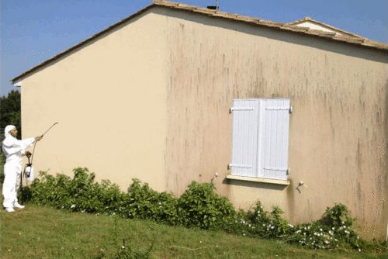 Professionnel en traitement VERTIKAL appliquant un produit sur une façade.