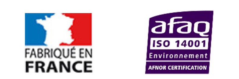 Logos de certification VERTIKAL : Fabriqué en France et ISO 14001.